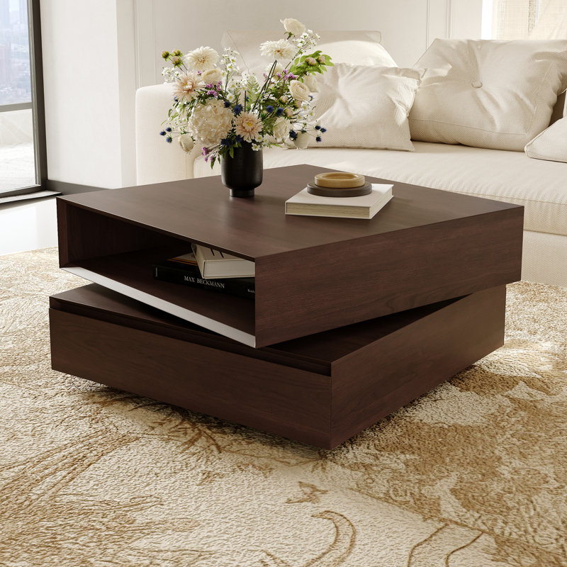 31.51'' Mid Century Modern Wood Coffee Table, Square Rotatable Coffee Table with Open Drawers