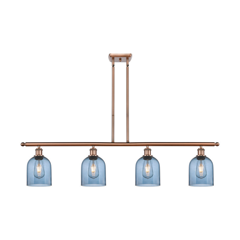 Luminaire suspendu pour îlot de cuisine 4 lumières Odaniel, Bleu princesse, Cuivre antique