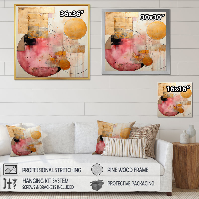 Golden Hue Horizons, rétro, rose, aquarelle, art mural moderne, salon, H 16 po x l 16 po x P 1 po, Cadre simple noir