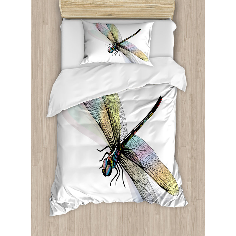 Twin White Dragonfly Microfiber Duvet Cover Set