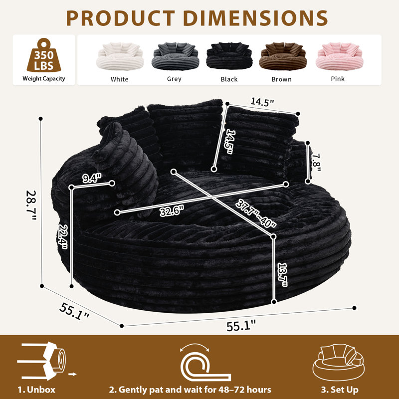 55.1" Oversized Round Bean Bag Chair for Adults, Large Bean Bag Lounger, Faux Fur Upholstery, Comfy Reading Chair, Overstuffed Floor Lounge Chair for Living Room, Bedroom & Gaming