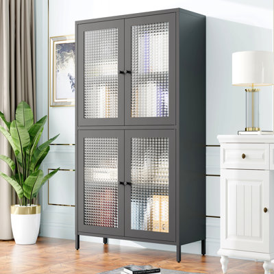 Armoire de rangement classique en métal avec 4 portes en verre et 4 tablettes avec armoire latérale pour bureau à domicile, salon, couloir de cuisine - noir, verre trempé gaufré