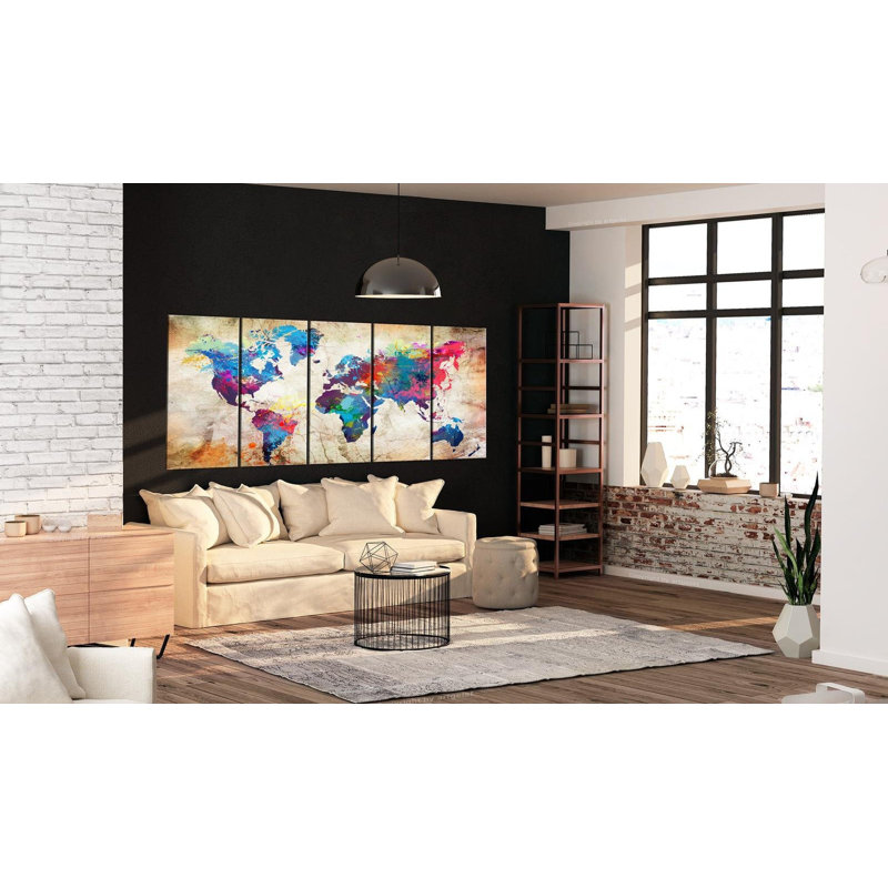Stretched Canvas World Map Art - World Map: Colourful Ink Blots
