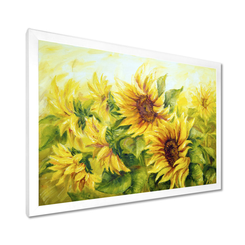 Bright Yellow Sunny Sunflowers - impression d'art graphique, H 34 po x l 44 po, Avec cadre, Blanc
