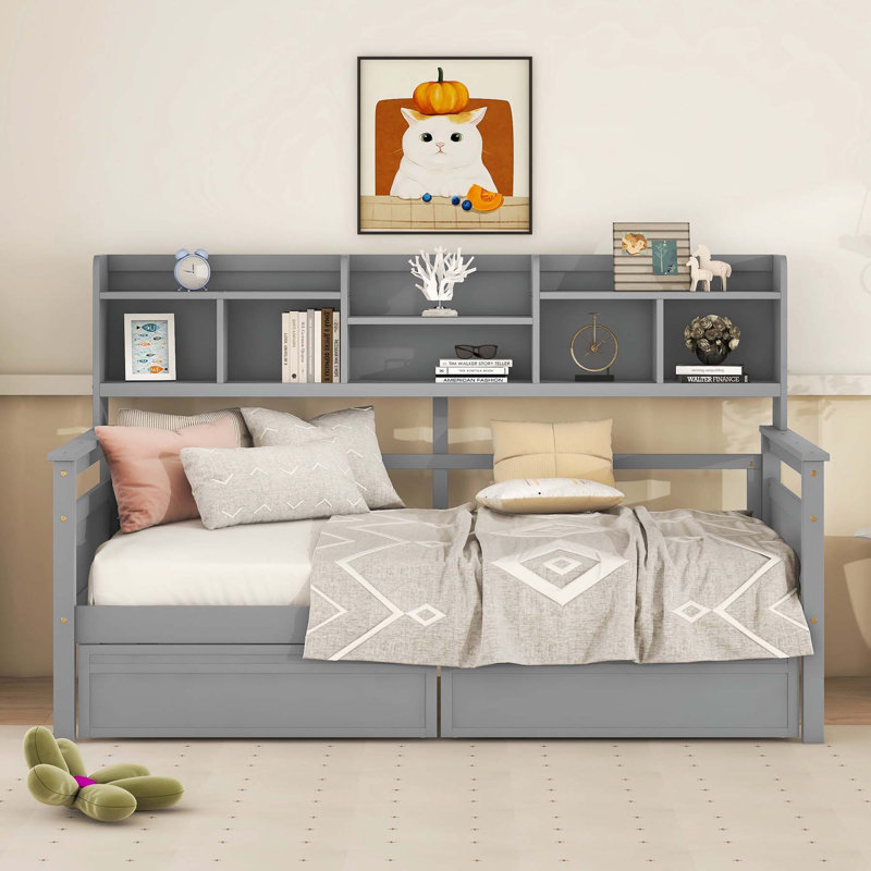 Versatile Twin Daybed with Shelves and Drawers for Relaxation and Storage, Gray