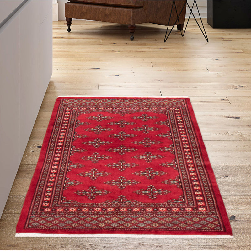 Tapis rouge en laine noué à la main de conception unique 2 pi 7 po x 4 pi 1 po nouvel âge Morgan-Jo