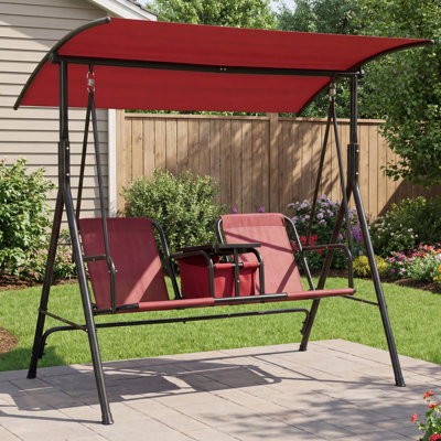 Balancelle de véranda pour 2 personnes avec porte-gobelets Pivot Table de rangement Sac de glacière Auvent réglable Balancelle de patio en acier noir