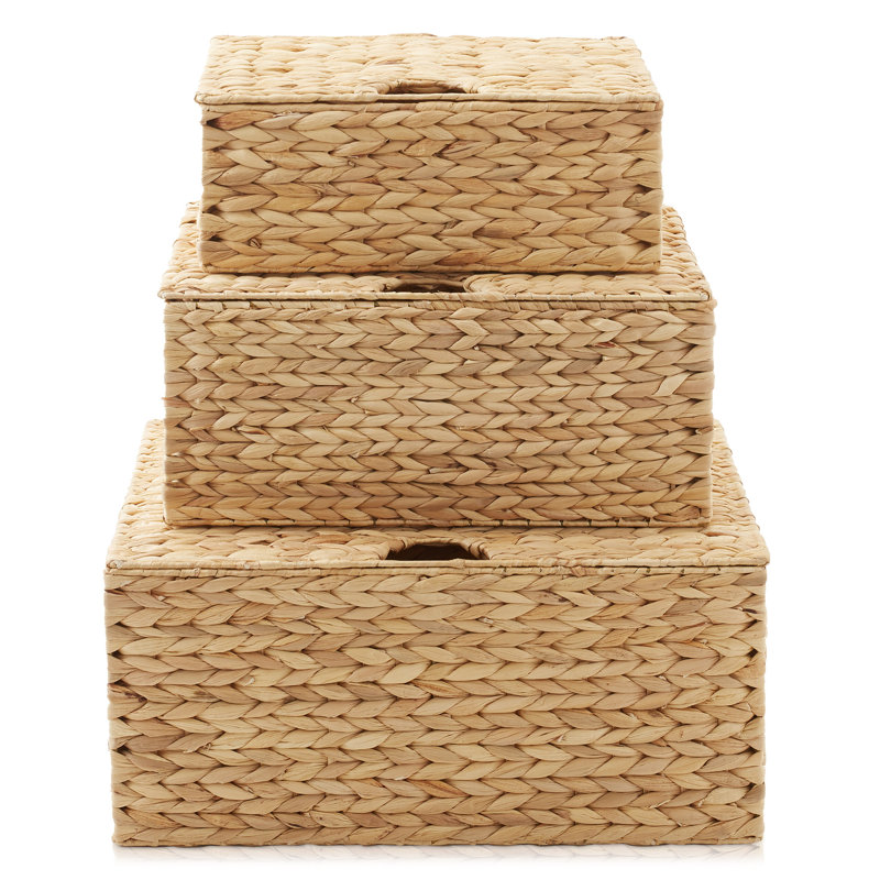 Water Hyacinth Rectangular Storage Baskets with Lids (Natural - Small/Medium/Large)