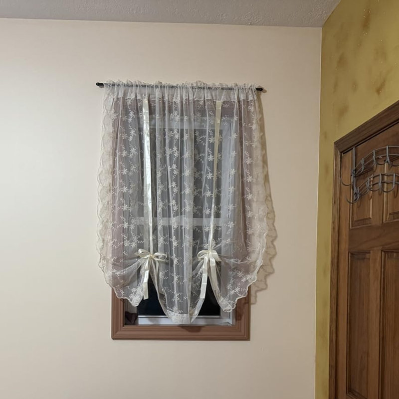Rod Pocket Bowknot Tie Up Kitchen Curtain Floral Balloon Lace Sheer Curtain Tiers For Small Cafe Windows Light Filtering Ruffled Voile Window Valance For Wedding 1 Panel