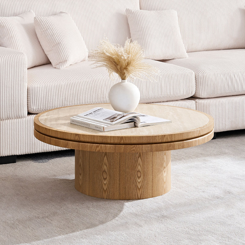 35.43" MDF Coffee Table With Sturdy Pedestal, Oak