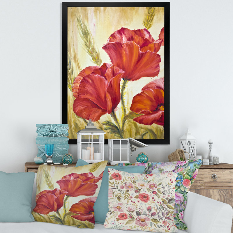 Blossoming Poppies in Wheat Fields II - peinture sur toile, H 32 po x l 24 po x P 1,5 po, Toile avec cadre noir