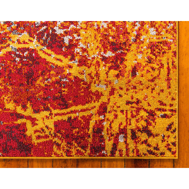 Tapis à motif abstrait rouge / jaune / rose Shirey, Rond 8 pi