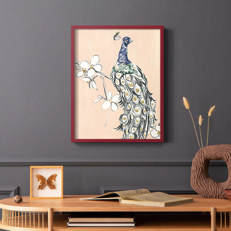 «Peacock in Gold III», reproduction encadrée - bois massif, Rouge, H 10 po x l 8 po