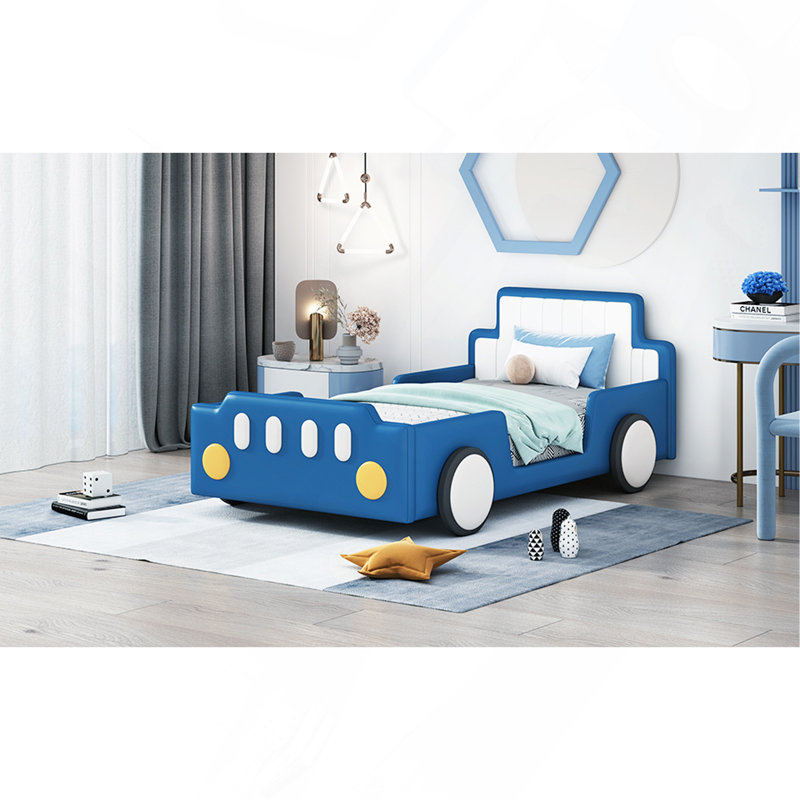 Twin Size Race Car-Shaped Platform Bed With Wheels, Blue