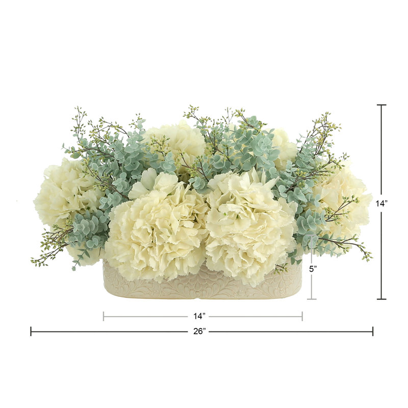 Hydrangea and Eucalyptus Arrangement in Cream Oblong Vase