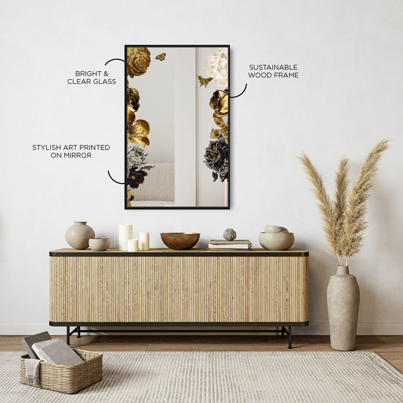 Golden Floral Love Animals Framed Mirror by Oliver Gal, Black