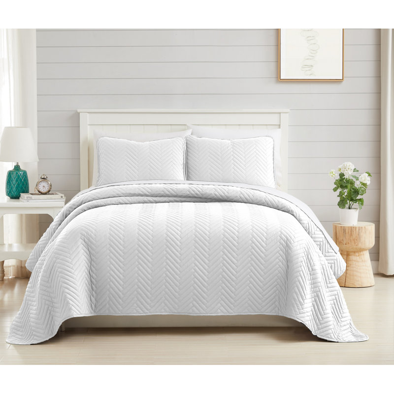 Ensemble de courtepointe légère surdimensionnée en microfibre prélavée à chevrons, Blanc