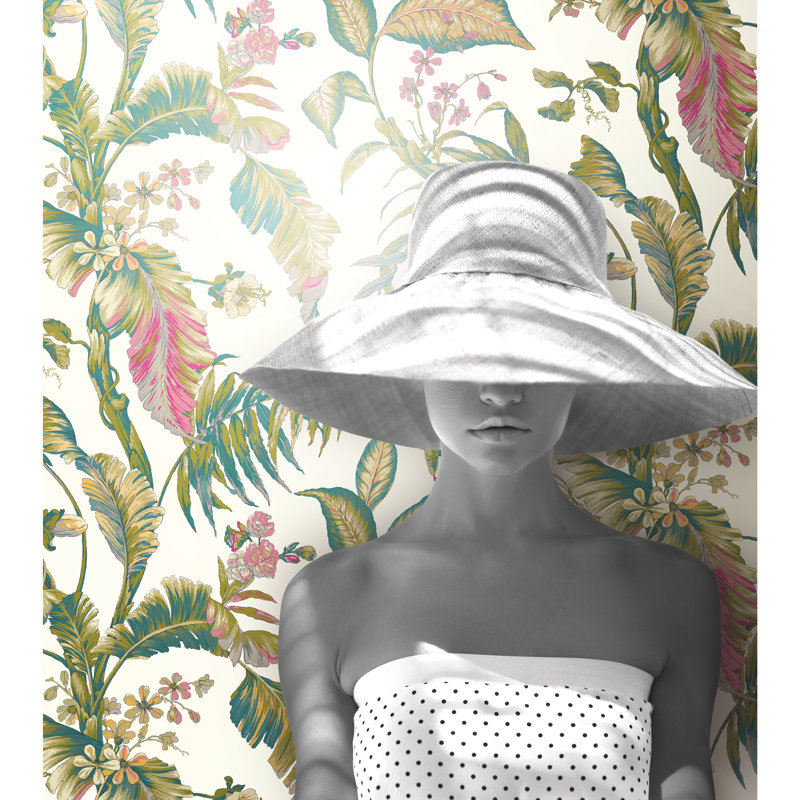 Rouleau de papier peint L 27 pi x l 27 po Wragby Garden, Blanc, turquoise, aqua, rose, magenta, jaune/vert