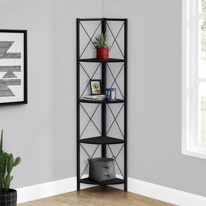 Fexy 59 Inch Corner Etagere Bookcase, 4 Tier Display Shelves, Black Metal, Black, Black