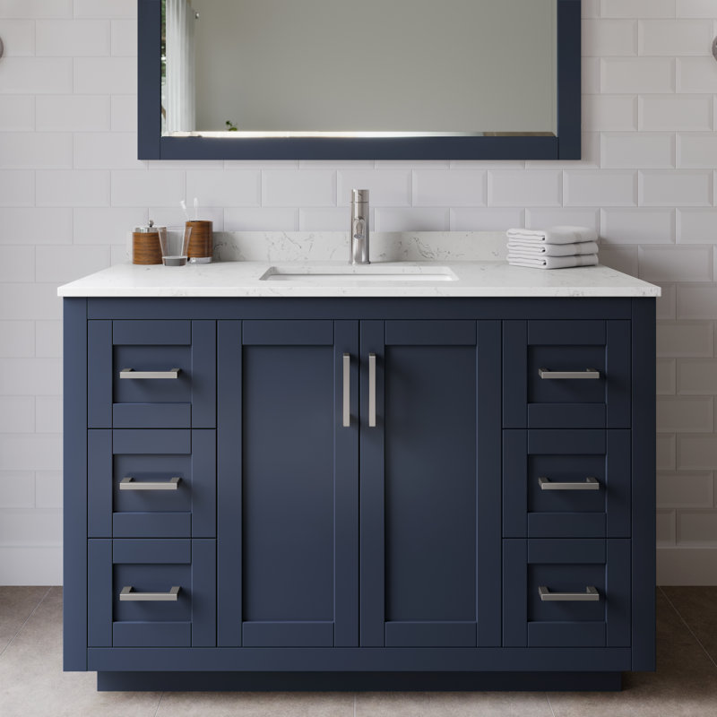 Ensemble de meuble-lavabo simple autoportant 48 po avec plateau en marbre Miranda, Marbre de culture de Carrare, Bleu foncé