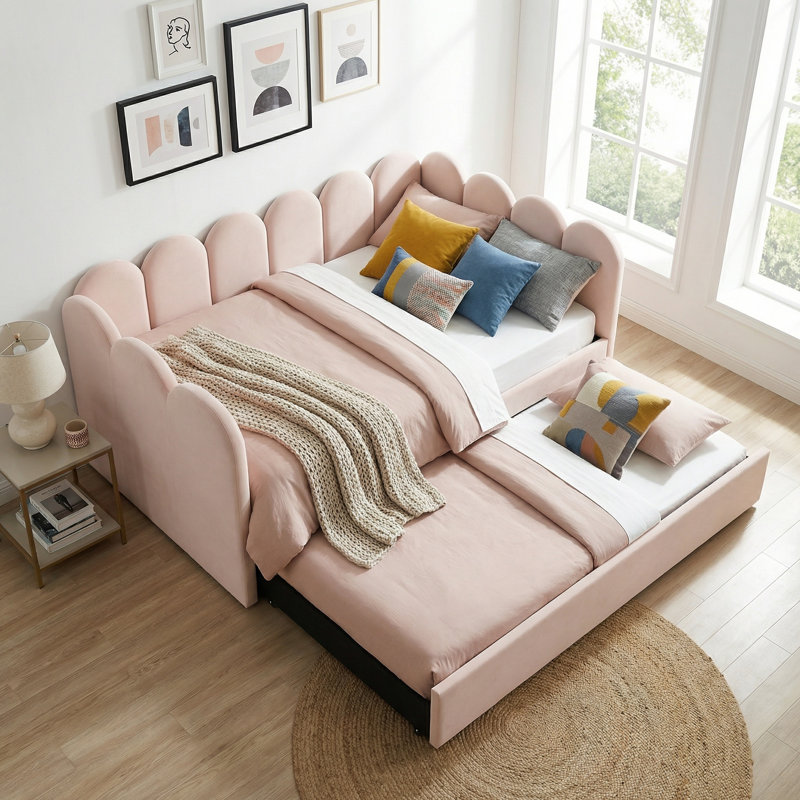 Upholstered Velvet Daybed with Trundle Bed, Pink