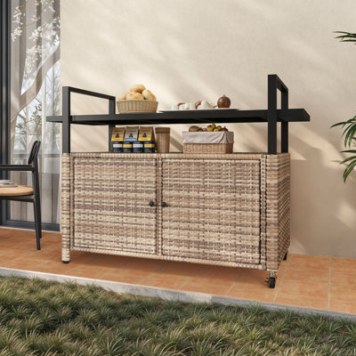 XL Patio Storage Cabinet Outdoor Cabinet Wicker Bar Set Outdoor Bar Cart