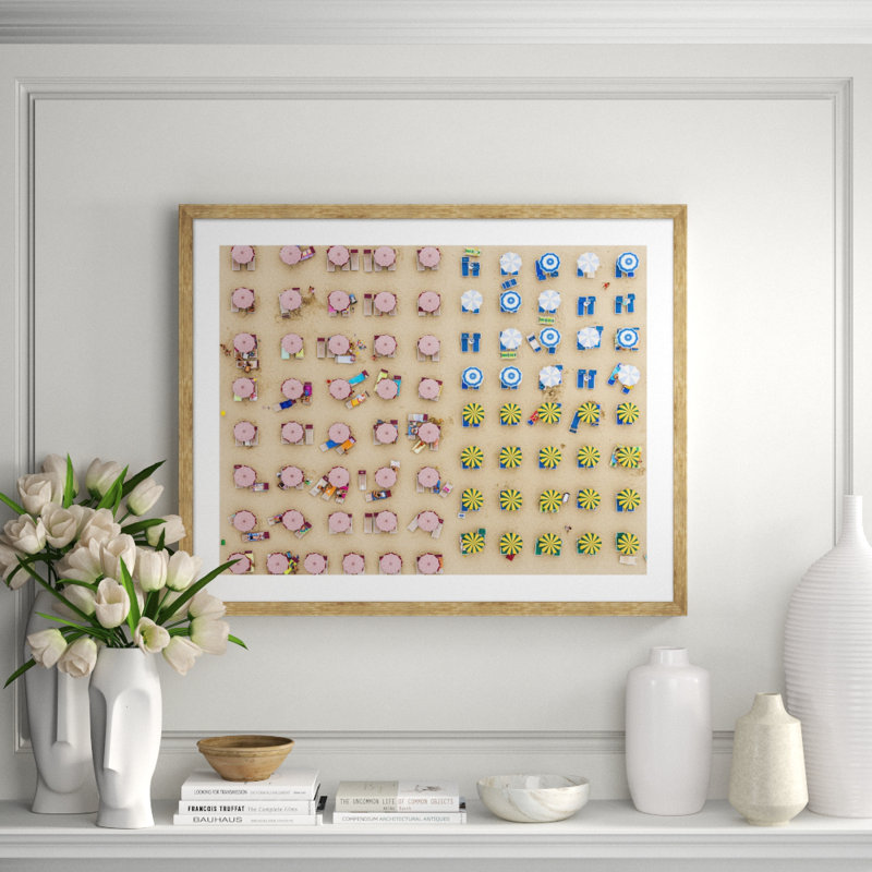 Aerial View Of Sunshades Standing In The Sand Giclee Print by Getty Images, 20" H x 25" W x 1.5" D, Natural