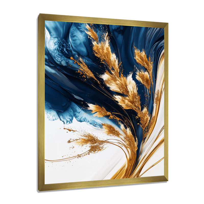 Pétunias dorés fleurs sur une rivière turquoise de marbre IV - art mural floral, H 44 po x l 34 po, Avec cadre, Doré
