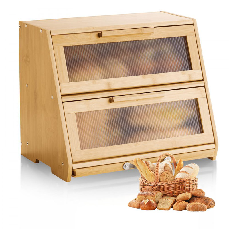 Boîte à pain double couche pour comptoir de cuisine en bambou naturel