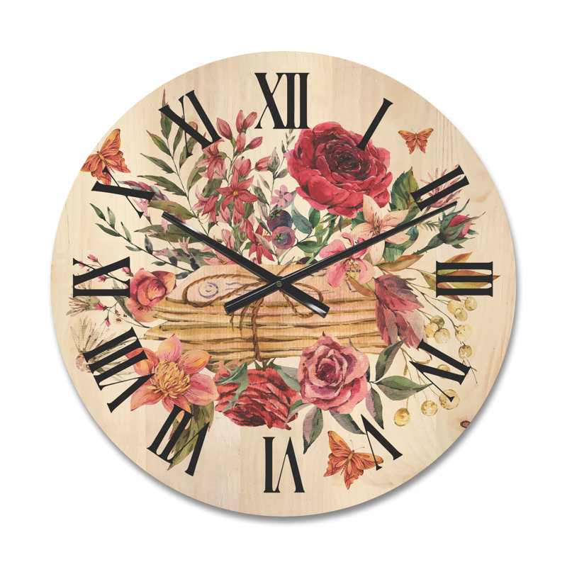 Horloge murale en bois avec lettres et fleurs sauvages, Moyen