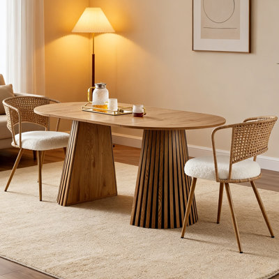 70 Inch Extendable Dining Table Set with 2 Wicker Chairs, Modern Oval Kitchen Furniture Slatted Base, Brown