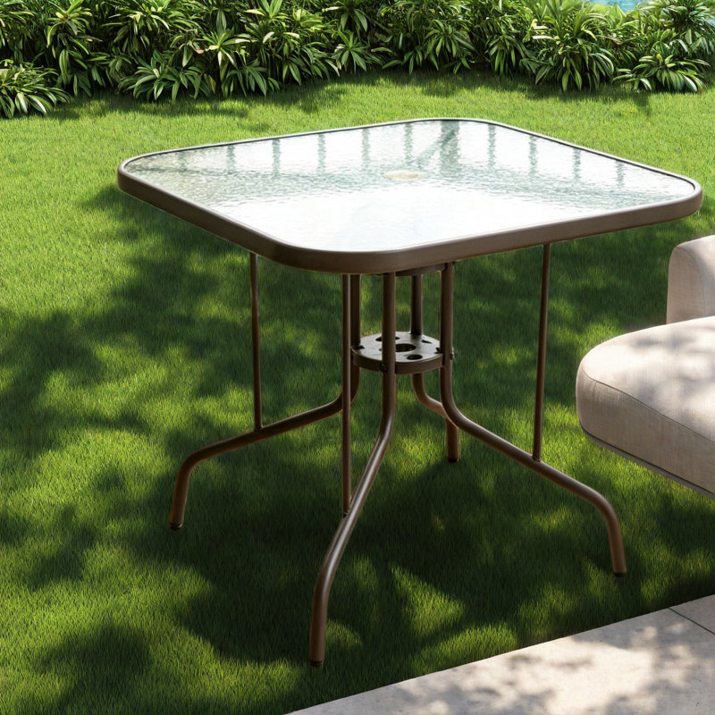 Tables de patio robustes, plateau en verre de 35 po en acier, salle à manger d'extérieur moderne