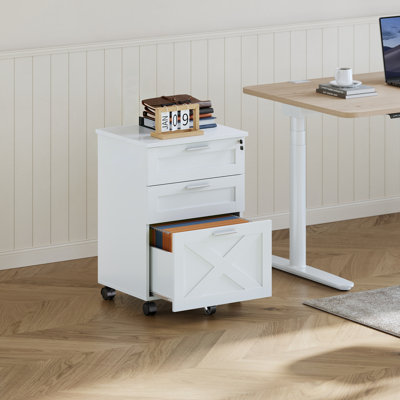 3-Drawer Locking Wooden File Cabinet – Mobile Under Desk Storage Organizer with Wheels – Fits Letter/A4/Legal, Modern Rolling Filing Cabinet for Home Office, Printer Stand – White