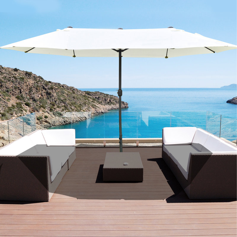Parasol de patio de 15 pi - Parasol de marché rectangulaire en acier à double face, parasol beige, nervures rouillées, manivelle facile pour bloquer la terrasse de la piscine, assemblage près de la piscine