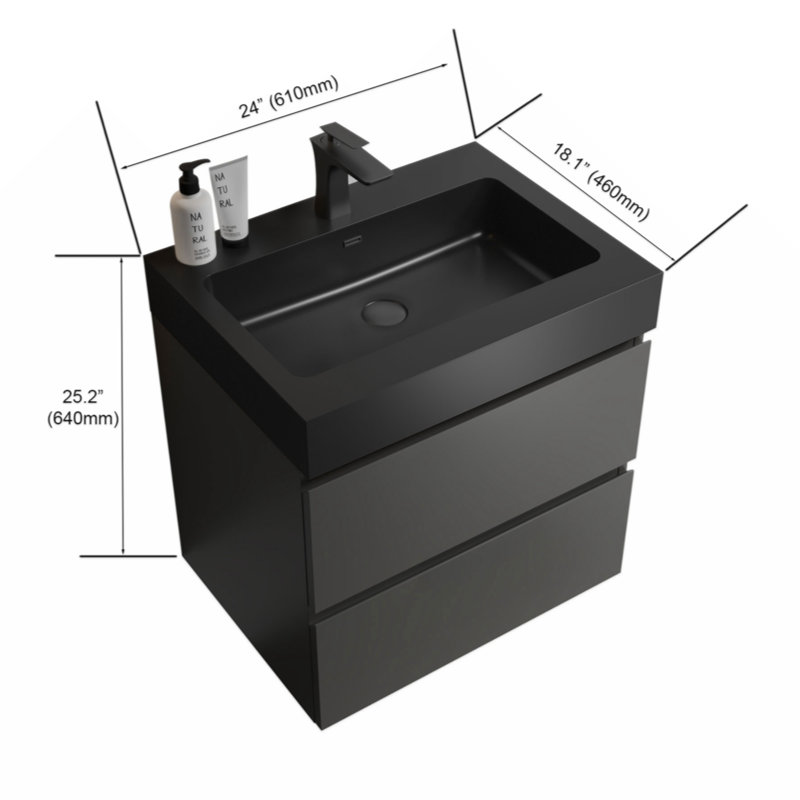 Meuble-lavabo simple mural 24 po avec plateau en mélamine Connon, Noir / gris