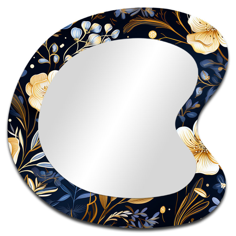 Motif de pivoines bleues et beiges - miroir asymétrique floral, miroir mural unique de forme irrégulière bleue, impression d'art en métal