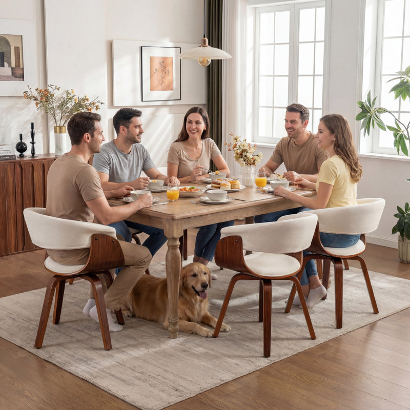Modern Upholstered Dining Chairs, Beige Fabric With Wooden Legs, Soft Padded Seat And Back, Scandinavian Kitchen And Dining Room Side Chairs​​