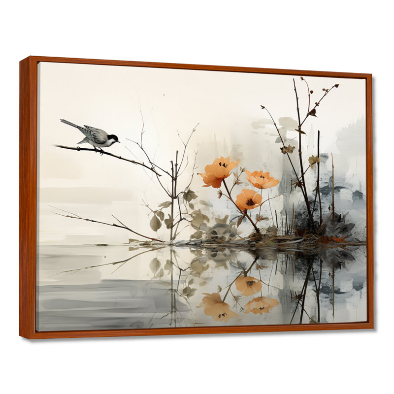 «Asian Art Sumi Bird Serenity XVIII», reproduction d'art sur toile, H 12 po x l 20 po x P 1 po, Cadre flottant brun