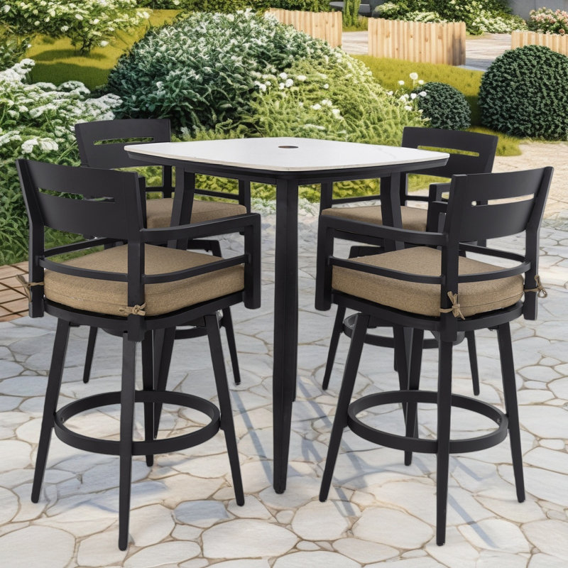 Ensemble de bar d'extérieur moderne 5 pièces, noir Ember avec table inspirée du marbre et 4 chaises pivotantes, coussin Sunbrella