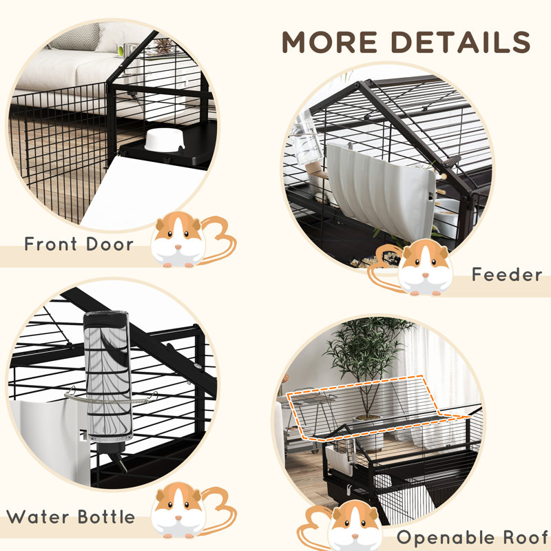 Cage avec espace de pliage pliable - convient aux soins du cochon d'Inde et du hérisson, accès facile par petit animal par zone, acier noir