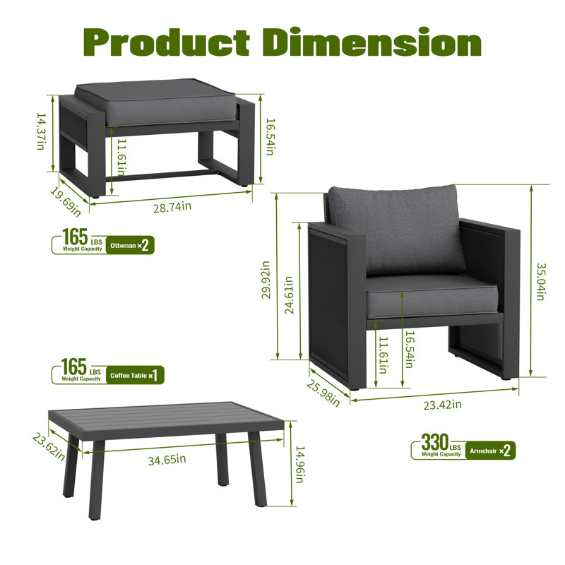 Ensemble de conversation pour patio en aluminium avec repose-pieds 4 personnes Harloe, Coussin gris / cadre noir