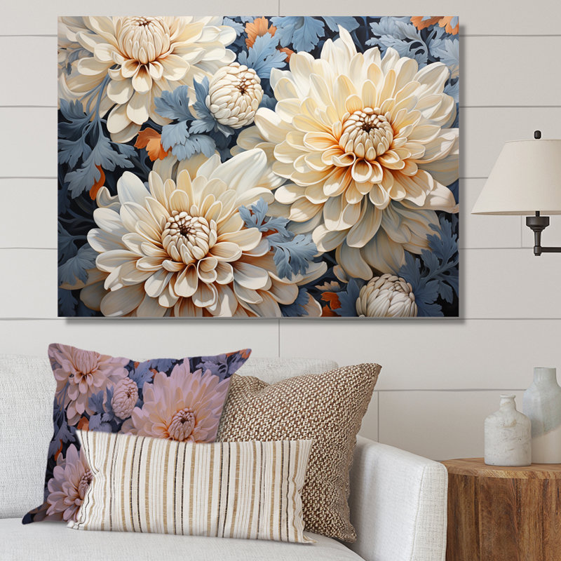 «White and Blue Chrysanthemums», mosaïque sur toile, Toile tendue, H 12 po x l 20 po x P 1 po