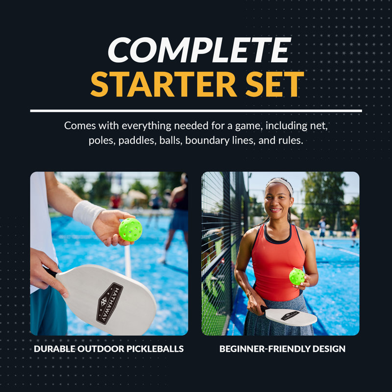 Hathaway Deluxe Pickleball Set with Net - Laminated Wood Pickleball Paddles Set of 4, Black Boundary Line, 4 Pickleball Balls, Carrying Bag, & Portable Pickleball Net for Driveway, Court, & More