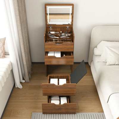 Meuble-lavabo 3 en 1 avec miroir éclairé et tabouret, coiffeuse à plateau rabattable, rangement compact pour la chambre à coucher, la salle de bain et le vestiaire (L 18,9 po, noyer)