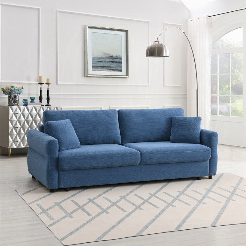 Canapé-lit Haran avec rangement et 2 coussins décoratifs, Bleu