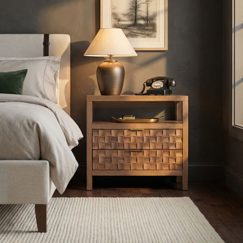 Chester 2 Drawer Nightstand 28" W With Shelf And Mosaic Doors, Medium Brown