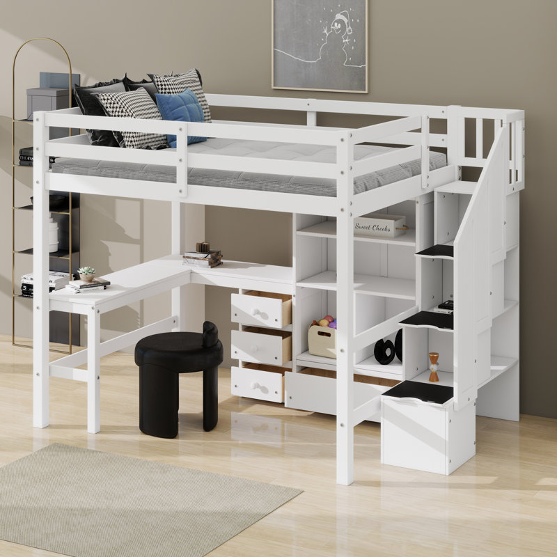 Lit mezzanine en bois à fonctions multiples avec bureau en L, tiroirs, armoire et escalier de rangement, Blanc