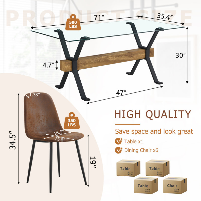 7-Piece Glass Top Dining Table Sets, Brown/Black