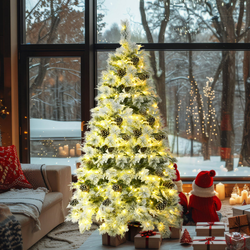 Arbre de Noël enneigé pré-éclairé avec pommes de pin, H 6 pi
