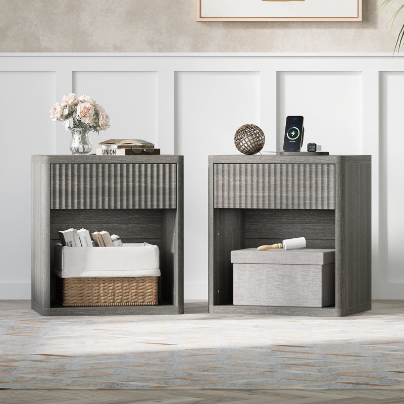 Valerica 1-Drawer Fluted Nightstand with Charging Station, Gray